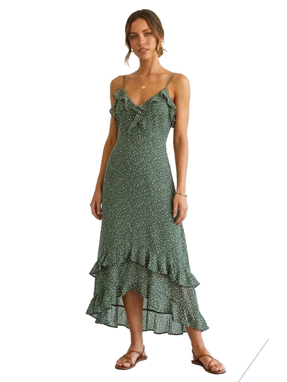 Forever 21 S Small Green Floral Maxi High-Low Dress Spaghetti Straps Womens